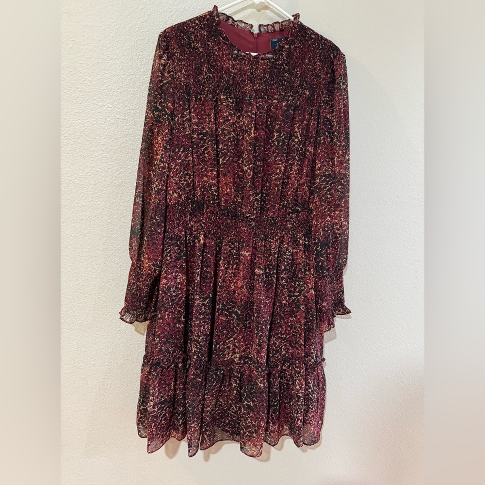 Just...Taylor Burgundy Multi-Print Long Sleeve Ruffle Dress